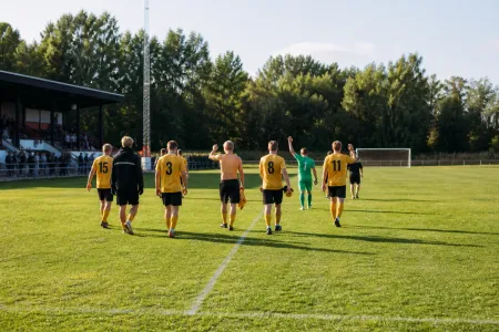 Illustrationsbild av fotbollsspelare i gula tröjor på väg mot en läktare efter en match